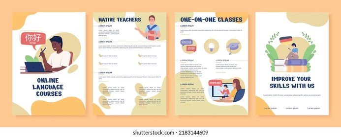 Online language courses flat vector brochure template. Booklet, leaflet printable flat color designs. Editable magazine page, reports kit with text space. Nerko One, Quicksand, Comfortaa fonts used