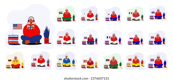 Online  language courses flat vector illustration. Distance education, distance school,  University. A student is reading a book. Online classroom, e-learning language school