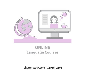 Online Language courses illustration set. Vector illustration. For online courses, schools. Online education,  e-learning, distance learning, master classes, workshops, webinar