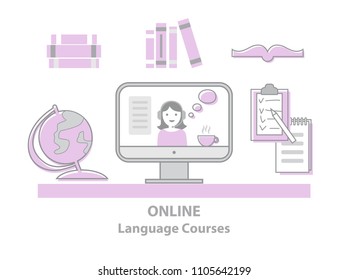 Online Language courses illustration set. Vector illustration. For online courses, schools. Online education,  e-learning, distance learning, master classes, workshops, webinar