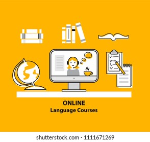 Online Language courses illustration set. Vector illustration. For online courses, schools. Online education,  e-learning, distance learning, master classes, workshops, webinars