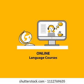 Online Language courses illustration set. Vector illustration. For online courses, schools. Online education,  e-learning, distance learning, master classes, workshops, webinars.