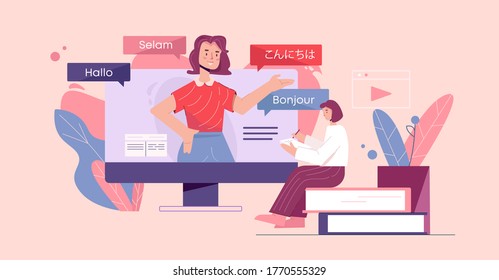 Online language courses illustration. Web training in foreign languages linguistic knowledge electronic book library experienced teacher and manuals for speediest vector learning new communication.