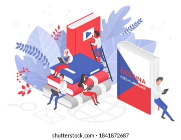 Cursos de idiomas en línea, ilustración vectorial 3d isométrica. Educación a distancia, escuela remota, universidad checa. Clase de Internet, e escuela de idiomas aislada. Estudiantes leyendo libros checos.
