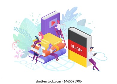 Online Language Courses Isometric Vector Illustration. German Language Internet Class, E Learning Isolated Clipart On White Background. Distance Education, Germany Remote School, University Lessons