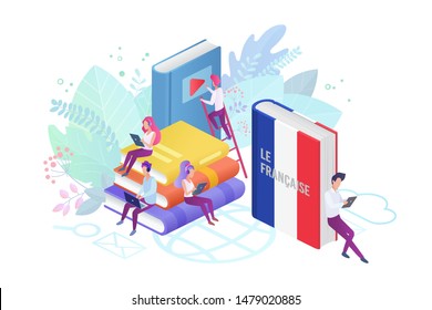 Online language courses isometric vector illustration. French language Internet class, e learning isolated clipart on white background. Distance education, remote school, France university lessons