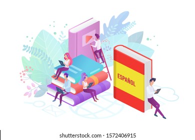 Online language courses isometric vector illustration. Distance education, remote school, Spain university. Spanish language Internet class, e learning isolated clipart on white background.