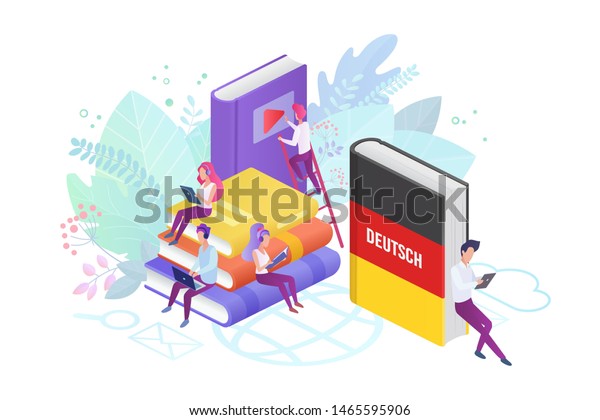 Online language courses isometric vector\
illustration. German language Internet class, e learning isolated\
clipart on white background. Distance education, germany remote\
school, university\
lessons