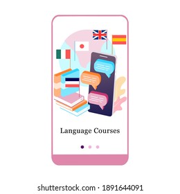 Online language courses, Literal translation, personal assistant, e-learning mobile app onboarding screen. Menu vector banner template for interface UX, UI GUI screen mobile development illustration. 