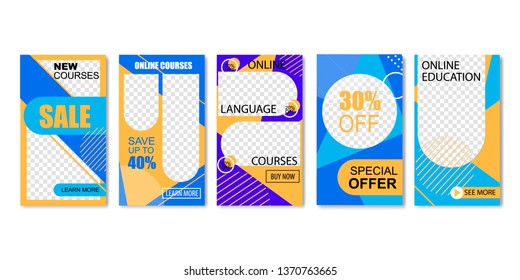 Online Language Courses Set of Landing Page Templates Vector Illustration. Distance Education, Training. Learning Interface and Teaching Concept. Special Offer with Sales and Discounts.