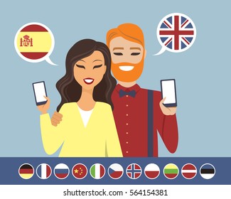 Online language learning concept couple holding smartphones