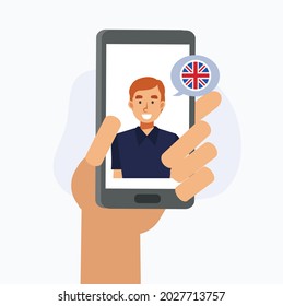 Konzept des Online-Sprachenlernens Mobile App-Chat, Videoanruf. Lerne Englisch Sprache online Konzept. Flache Vektorgrafik-Zeichengrafik.