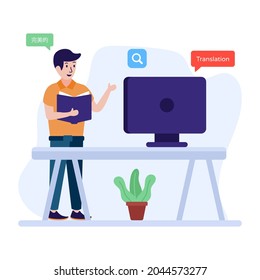 Online language learning course, flat illustration of translator 