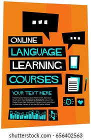 Online Language Learning Courses Poster In Flat Style Retro Design With Text Box Template