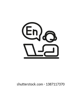 Online language learning line icon. Student in headset sitting at laptop. Language learning concept. Vector illustration can be used for topics like video training, course, distance education