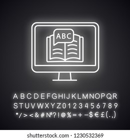 Online language learning neon light icon. Spell check. Foreign language courses. Distance education. E-learning. Online lessons. Glowing sign with alphabet, numbers. Vector isolated illustration