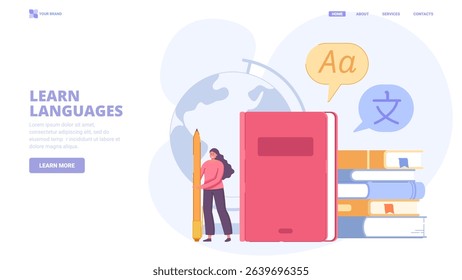 Online language learning platform with books and globe. Foreign languages school, study and teacher search website concept. Vector illustration collection for website, banner, print.
