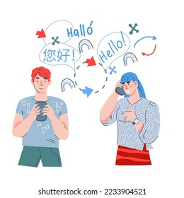 Online language learning and translator app banner with people using smartphone app for communication and education, flat vector illustration isolated on white.