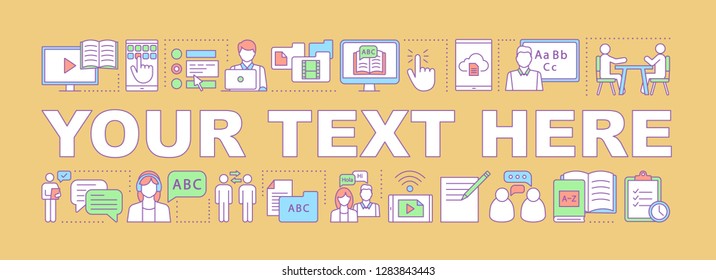 Online language learning word concept banner. Video tutorials, courses, speaking club. Presentation, website. Yor text here. Isolated lettering typography and linear icons. Vector outline illustration