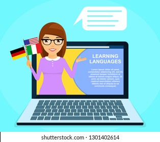 Online language learning. A young girl holding flags of different countries. Online tutor. In flat style on blue background. Cartoon.