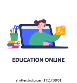 Online language lessons for school pupils or university students. Video course, web seminar, internet class, personal teacher service for distance education with female mentor. Vector flat banner