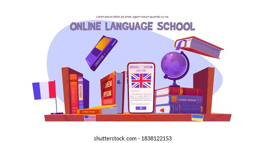 Online language school banner. Concept of digital training foreign languages, distance study. Vector cartoon illustration of shelf with books, english dictionary, globe and smartphone