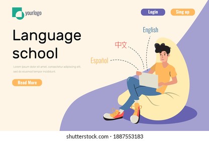 Online language school concept for landing page, website. Template for UI UX design. Flat cartoon character sits with laptop and learn foreign language in online course