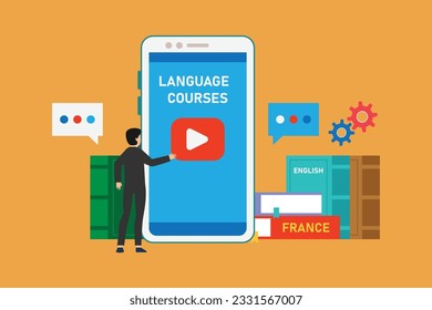 Escuela de idiomas en línea Cursos de idiomas 2d concepto de ilustración vectorial para banner, sitio web, ilustración, página de inicio, volante, etc.