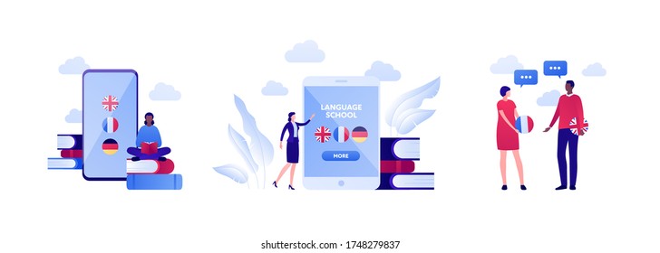 Online language school and education concept. Vector flat illustration set. Bundle of icon with english, french and german flag on mobile app smart phone screen. People communication. Design element.