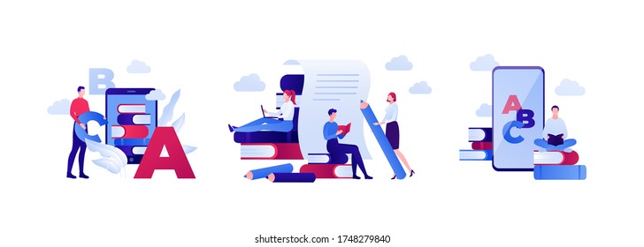 Online language school and education concept. Vector flat people illustration set. Bundle of icon with abc letter, smart phone, stack of book, pen, paper. Man and woman character. Design element.