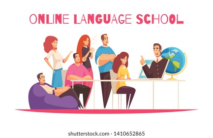 Online language school flat cartoon  horizontal composition with global community members training teacher tablet white background vector illustration 