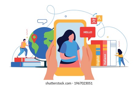 Online language school flat design concept with woman on smartphone screen says hello to her interlocutor vector illustration