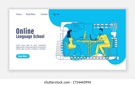 Online language school landing page flat silhouette vector template. Remote classes homepage layout. Distant lessons one page website interface with cartoon outline characters. Web banner, webpage