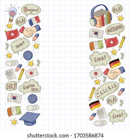 Online language school. Pattern with word HELLO in different languages. HELLO in spanish, arabic, chinese, japanese, french, english, italian.