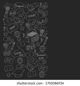 Online language school. Pattern with word HELLO in different languages. HELLO in spanish, arabic, chinese, japanese, french, english, italian.