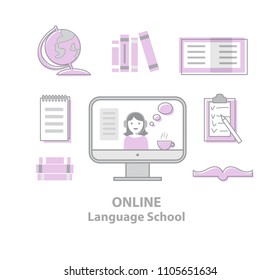 Online Language School set. Monitor, teacher, online lesson, books, globe. Vector illustration. For online courses, schools. Online education,  e-learning, distance learning, master classes, workshops