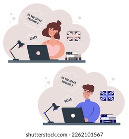 Online language school. Students learn English on the Internet.Online education concept. Particular English lessons.English teacher.Vector illustration 