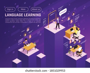 Online language school website isometric landing page with learning french virtual lesson purple background vector illustration