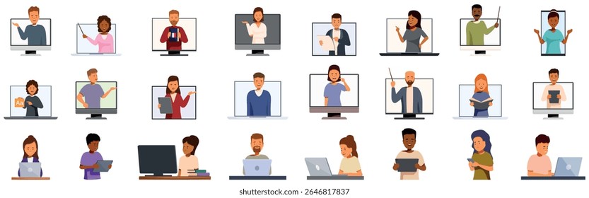 Online language tutor icons set. Teachers teaching and students learning online using computer and mobile devices, online education concept