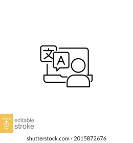 Online language tutoring line icon. Virtual learning foreign languages lessons. Distance web learning with personal tutor courses. Editable stroke vector illustration design on white background EPS 10