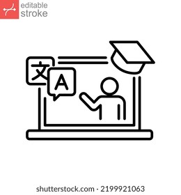 Online language tutoring outline icon. Virtual learning foreign languages lessons. Distance web learning with personal tutor courses. Editable stroke vector illustration design, white background EPS10