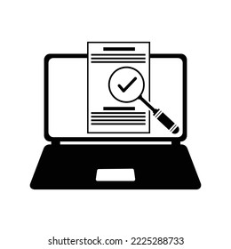 Icono de búsqueda de documentos de portátil en línea | Ilustración del vector negro |