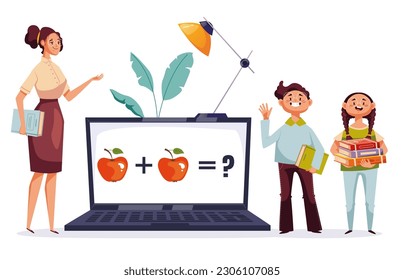 Online laptop lesson computer learn education class teacher concept. Vector graphic design element illustration