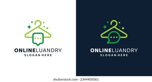 Online laundry logo design template. Clothes hangers logo with chat bubble design graphic vector illustration. Symbol, icon, creative.