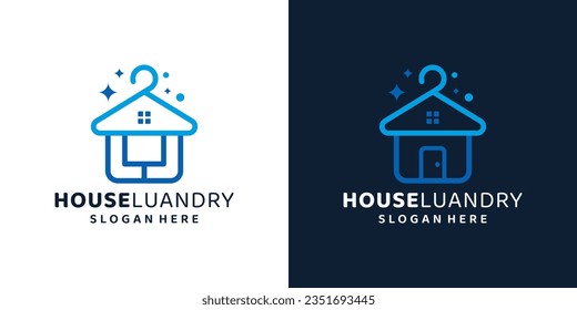 Plantilla de diseño de logotipo de lavandería en línea. Logo de colgadores de ropa con diseño de casa ilustración vectorial gráfica. Símbolo, icono, creativo.