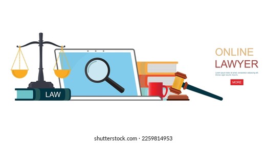 Abogado en línea. Libros de ley con el martillo de un juez y báscula en laptop aislados de fondo blanco, sistema judicial y legal ilustración del vector conceptual.