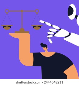 Online lawyer legal consultation. Scenes of law and justice. AI Robot Lawyer help client, the judge knocks with a wooden gavel. Flat vector illustration.