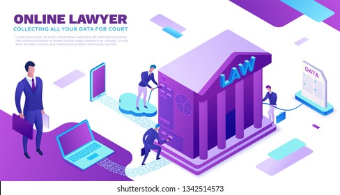 Online lawyer service isometric infographic 3d flat illustration, advocate collecting data, cloud  judicial service, digital technolodgy concept, court building, computer, laptop, people, web banner