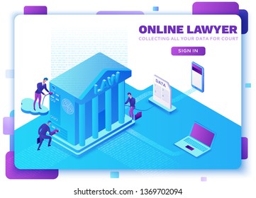 Online lawyer service isometric infographic 3d flat illustration, advocate collecting data, cloud  judicial service, digital technolodgy concept, court building, computer, laptop, people, webdesign