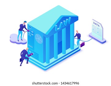 Online lawyer service isometric infographic 3d flat illustration, advocate collecting data, cloud  judicial service, digital technolodgy concept, court building, computer, laptop, people, webdesign